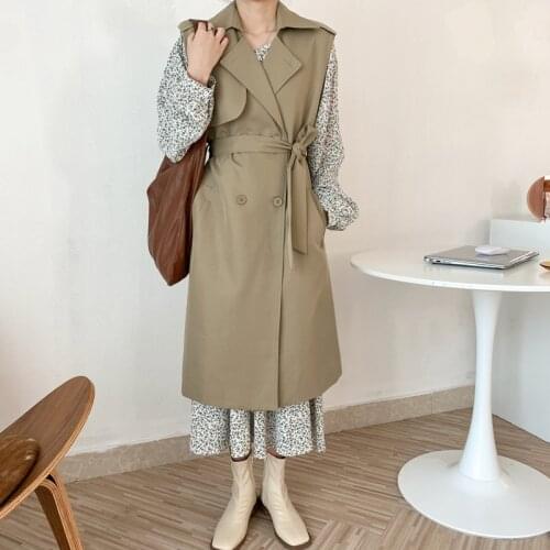 Office Lady Elegant Solid Waistcoat Vests Turn-down Collar Sleeveless Midi Trench Vest 2021 Spring Korean Chic Jacket with Belt
