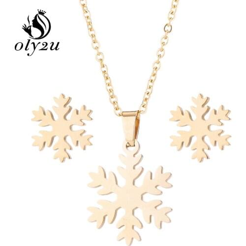 Olytu Gold Snowflake Necklace Earrings Jewelry Sets For Women Stainless Steel Snowflake Pendant Earrings Necklace Sets bijoux