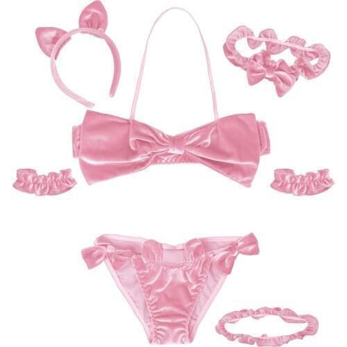 Women Pink Bunny Lingerie Set Erotic Role Play Costume Sexy Cute Girls Kawaii Rabbit Bra Briefs Cosplay Party Clubwear Nightwear