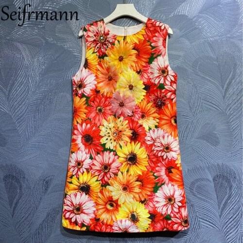 Seifrmann New 2021 Summer Women Fashion Runway Mini Dress Gorgeous Crystal Beading Appliques Floral Printed Sleeveless Dresses