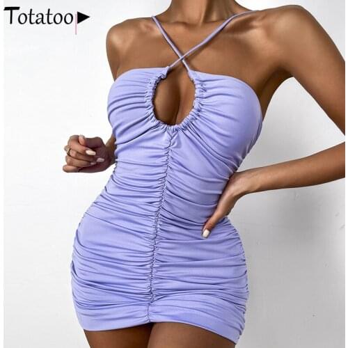 Totatoop Spaghetti Strap Cross Hollow Out Sexy Bodycon Dress Women 2021 Backless Sleeveless Ruched Fitness Dress Festival Robe