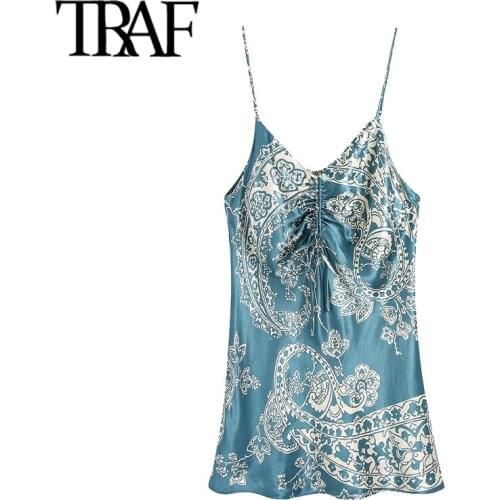 2021 woman chic fashion lace detail print mini dress retro open back thin shoulder strap sexy female midi dress