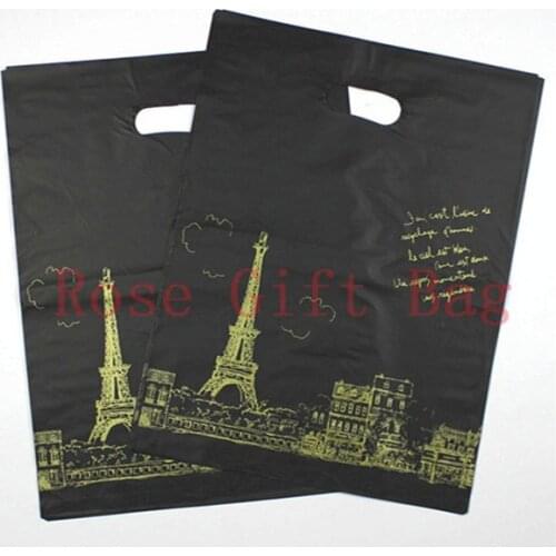 50pcs/lot 25x35cm Tower Print Black Plastic Gift Bag Shopping Bags With Handle Big Plastic Jewelry Clothing Gifts Packaging Bags