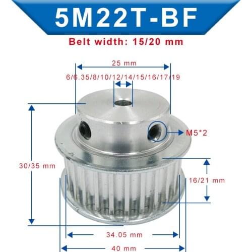 5M-22T Pulley Bore 6/6.35/8/10/12/12.7/14/15/16/17/19 mm pulley wheel Slot Width 16/21 mm For Width 15/20 mm 5M-synchronous belt