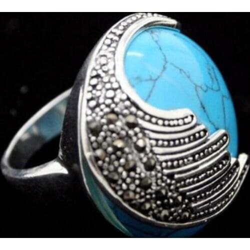 Free Shipping wholesale NEW Blue Natural jade Marcasite 925 Sterling Ring Size 7/8/9/10
