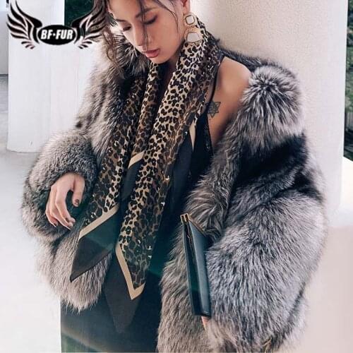 BFFUR 2020 New Winter Real Fur Coat Women Fashion Natural color Silver Fox Fur Short Stand-Up collar Overcoat Female Luxury