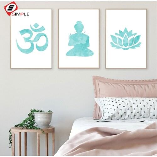 Turquoise Meditation Posters and Prints Buddha Lotus Flower Art Om Symbol Artwork Bathroom Living Pictures on Wall Paintings
