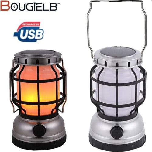 Camping Light Solar Flame Light USB Rechargeable Portable Work Light Outdoor Tent Light Hook Handheld Waterproof Flashlight