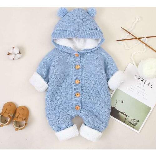Baby Boys Romper Knitted Long Sleeve Toddler Girls Jumpsuit Crawling Clothes Thick Fleece Hooded Warm Sweater Autumn Winter A385