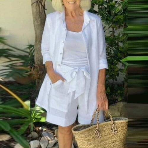 Three-Pieces Women Lapel Shirt Solid Color Camis+Jacket+Bow Belt Shorts Matching Sets Chic Elegant Loose Casual Suit 2021