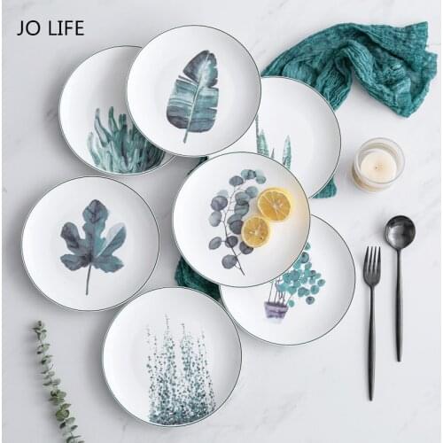 JO LIFE 1PC Nordic Kitchen Tableware 8-Inch Ceramic Plate Green Plant Dish Creative Tray Dessert Plate