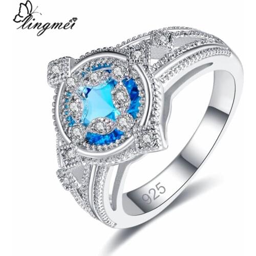 Lingmei Exquisite Round Cocktail Wedding Rings Womens Fashion Zircon Silver ColorRing Size 6-9 Anniversary Gifts Wholesale