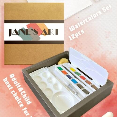 Draw Art Set New Year Gift Box Solid Watercolor Paint Set 12Pc With Canvas Panel For Artists School Pigment Art Supplies
