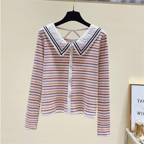 2021 spring and autumn new style doll collar long-sleeved T-shirt female color stripe temperament casual all-match top