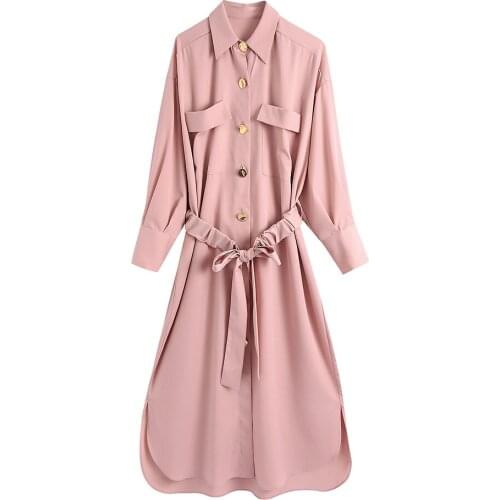 Xikom 2021 autumn Women belt oversize dress female Turn-down Collar Single Breasted Office Lady vintage pink Long Sleeve Dress