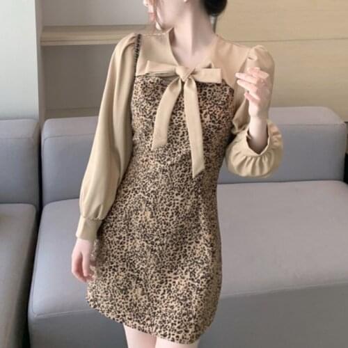 Autumn New Long Sleeve Dress 2021 Vintage Patchwork Leopard Pattern Bow Neck Dresses Short Mini Vestido Feminino YOU850