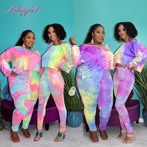 Plus Size Autumn Two Piece Sets Casual Tie Dye Print Long Sleeve Loose Crop Top T-Shirt Pants Suit Outfit Tracksuit Matching Set