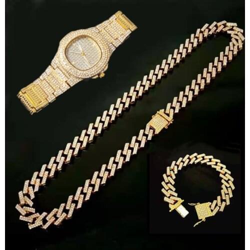 Rapper Hip Hop Cuban Chain Gold Sliver Color Iced Out Watches Paved Rhinestone Gold Necklace for Men Women African Jewelry Mens