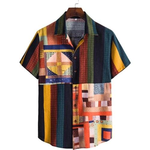 Plus Size Shirts For Mens Fashion Vintage Printed Cotton-linen Flower Shirts Summer Short Sleeve Button Turn-Down Collar Shirts