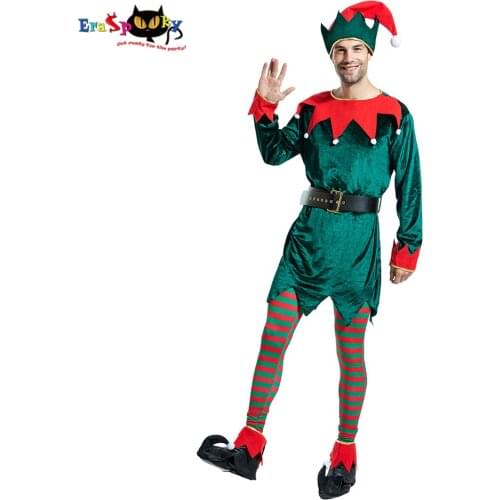 Eraspooky Deluxe Santa Claus Cosplay Green Christmas Elf Costume For Men Adult Xmas New Year Party Fancy Dress Hat