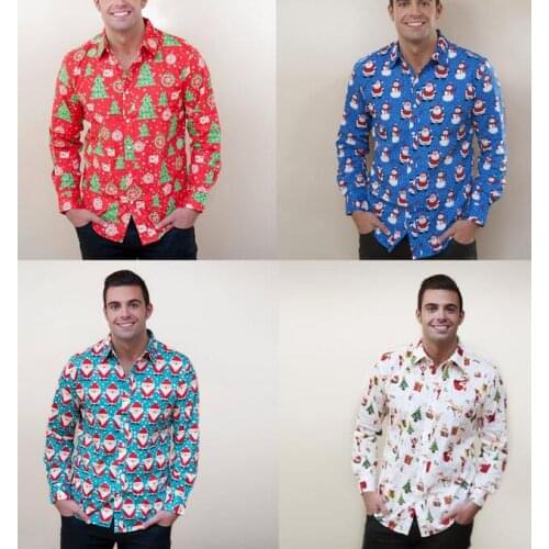 S-XL Christmas Mens Button Up Casual Shirts Slim Fit Long Sleeve Dress Shirts Tops