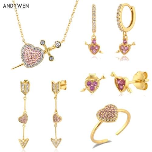 ANDYWEN 925 Sterling Silver 2021 Love Valentiens Gift Drop Earring Stud Piercing Ring Jewelry Set Multi Pink Zircon Fine Jewelry