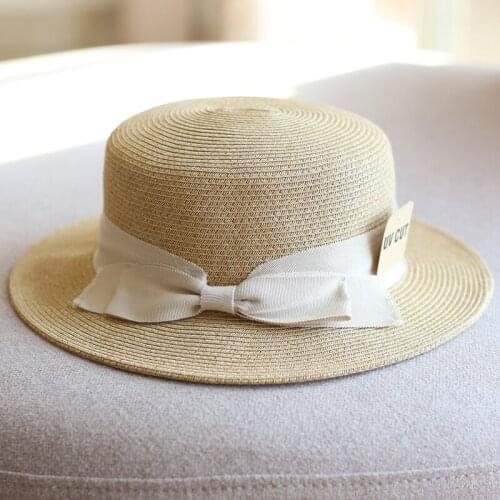 Japan Style Womens Flat-Top Mix Color Straw Hat with Lovely Bowknot Fashion Outing Sun Hats Beach Casual Hats