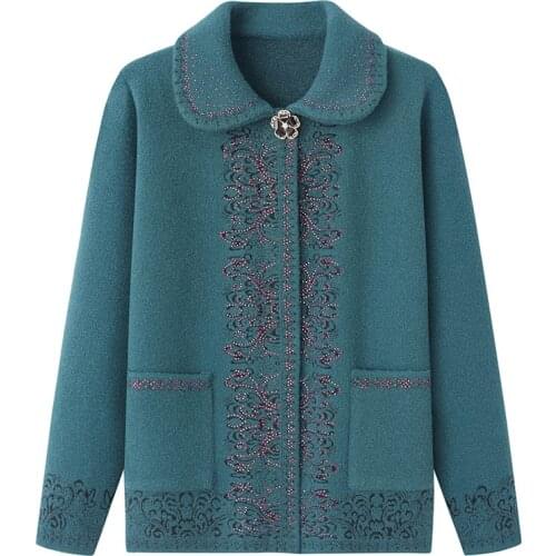 New Middle-aged Womens Lapel Short Sweater Coat Autumn Winter Crystal Velvet Sweaters Cardigan Plus Size Sweaters Outerwear 4XL