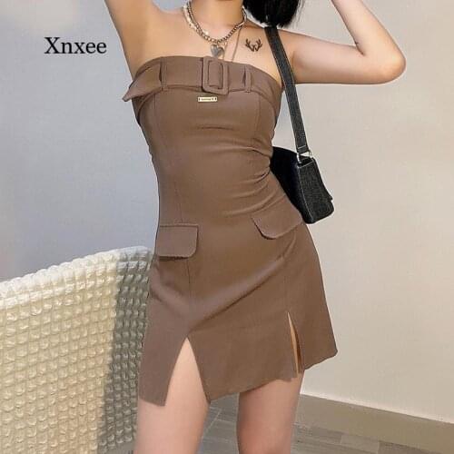 British Chic Wrapped Mini Dress a Line High Waist Women Sexy Tube Dresses Split Belt Fashion Female Streetwear Package Bodycon