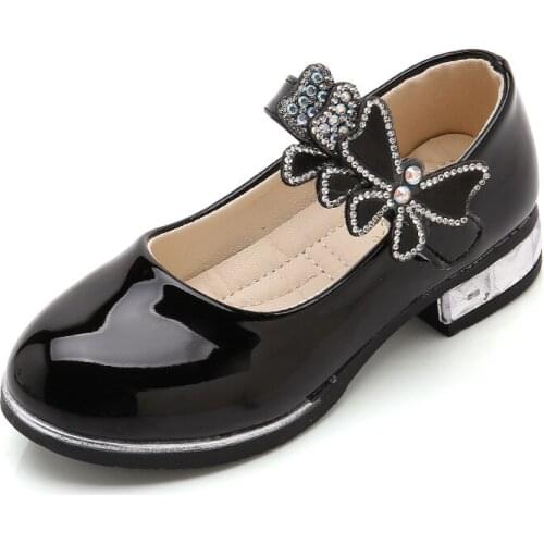 Spring Summer Girls Leather Shoes Childrens High Heels Bow-knot Chic Dress Shoes for Wedding Party Dancing Ball 26-36 Soft 2021