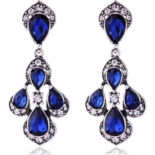 CSxjd Vintage Ethnic style fashion Blue drop shaped gem earrings alloy earrings Womens Jewelry