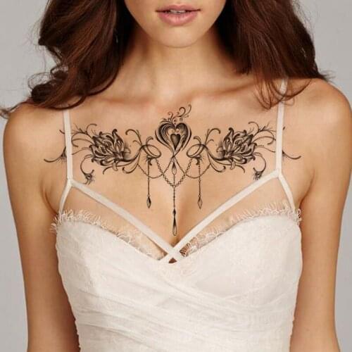 Waterproof Temporary Tattoo Sticker Higan Flower Love Pearl Chain Flash Tattoo Female Black Sexy Body Art Chest Fake Tattoo Male