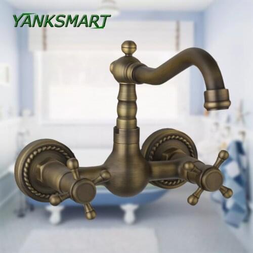 YANKSMART Wall Mounted Dual Cross Handles Bathroom Sink Mixer Faucet Antique Brass Hot and Cold Water Tap