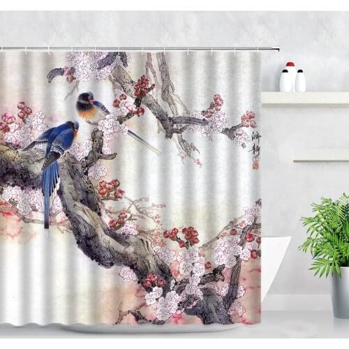 Pink Flowers Birds Scenery Shower Curtains Trunk Chinese Style Ink Art Waterproof Bathroom Decor Curtain Sets Hooks Bath Screens