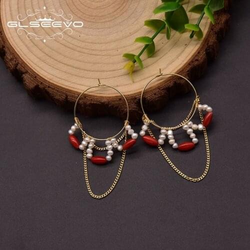 GLSEEVO Natural Freshwater Pearl Hoop Earrings For Woman Wedding Party Natural Coral Unusual Handmade Chain Jewelry GE1010B