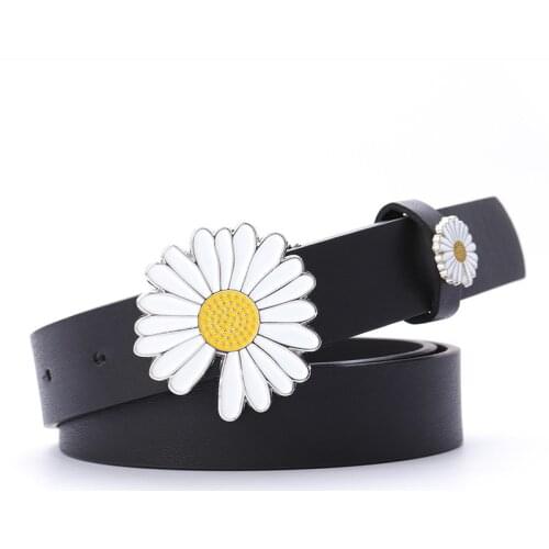 Womens flower decoration belt new net red daisy decoration black pu matching dress jeans thin belt 2.3cm wide