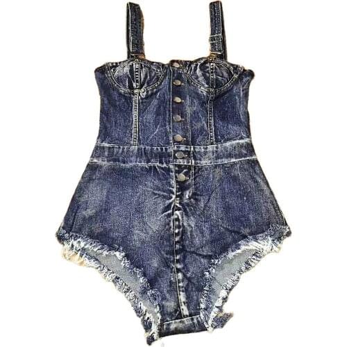 Navy blue Denim Sling Bodysuit Women Button Belt Raw Edge Rompers Cowboy Hat Theatrical Costume Women Casual Performance Wear