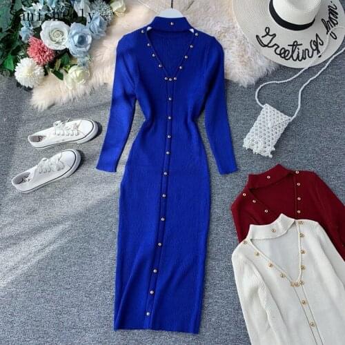 Autumn Winter Bottoming Sweater Dress Women V Neck Beading Hollow Out Knitted Dress Female Slim Long Sleeve Bodycon Long Dresses