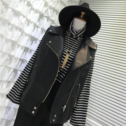 Spring Autumn Black sleeveless faux leather jacket female streetwear punk Lapel zipper women waistcoat loose casual veste femme