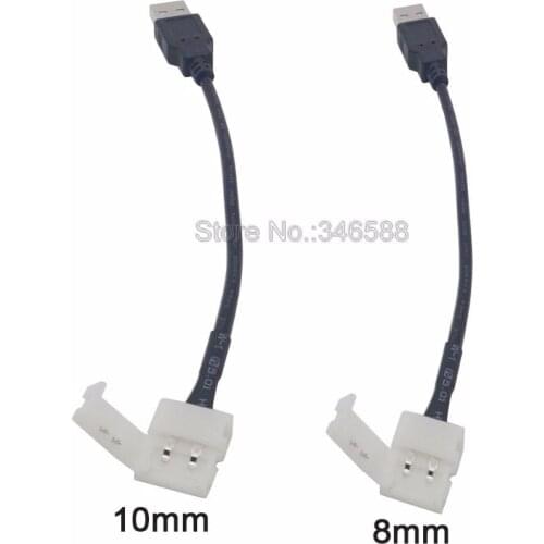 5pcs/lot! 2pin 8mm / 10mm Free Welding USB to Strip LED Connector with 15cm Cable for DC5V 5050 3528 LED Strip to Power