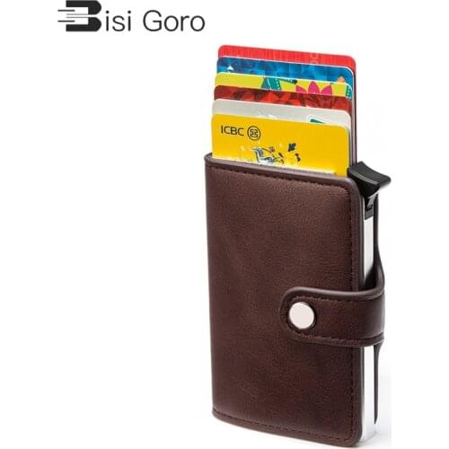 BISI GORO 2021 Hasp PU Leather Casual Card Holder Protector Smart Wallet Metal RFID Aluminum Box Slim Men Women Card Case