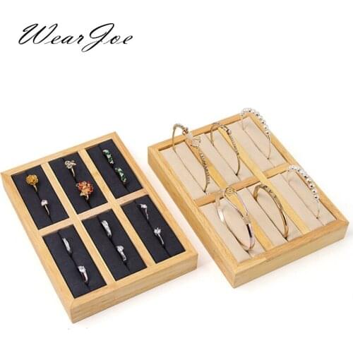 Wooden Fashion Jewelry Ring Display Stand Organizer Slot Tray Retail Shop Cufflinks Earring Bangle Wedge Holder Storage Showcase