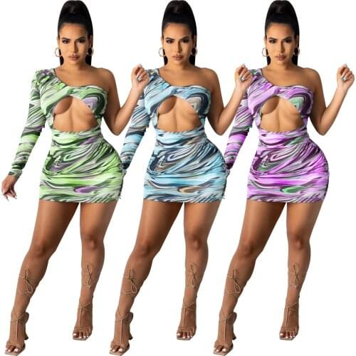 Elegant One Shoulder Tie Dye Print Mini Women Dress Sexy Asymmetrical Hollow Out Ruched Bodycon Club Party Dresses Robe Femme