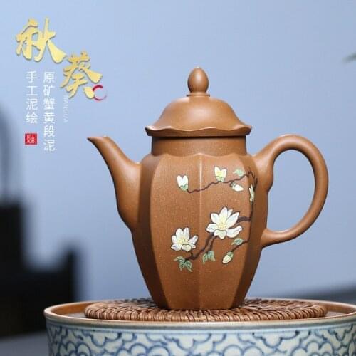 Exquisite Teapot Yixing Crab Yellow Duanni Famous Handmade Purple Sand Pot Okra Teapots Double Cover Painted Kungfu Teaware