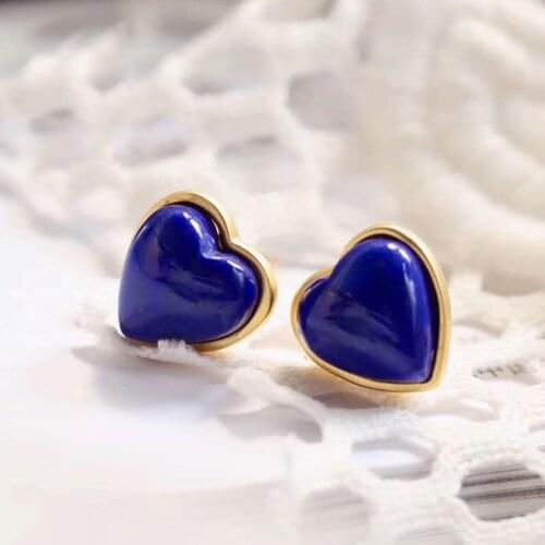 Classic Peach Heart Natural Afghan Lapis Lazuli Stud Earrings S925 Sterling Silver Inlaid Heart-Shaped Earrings Female Elegant
