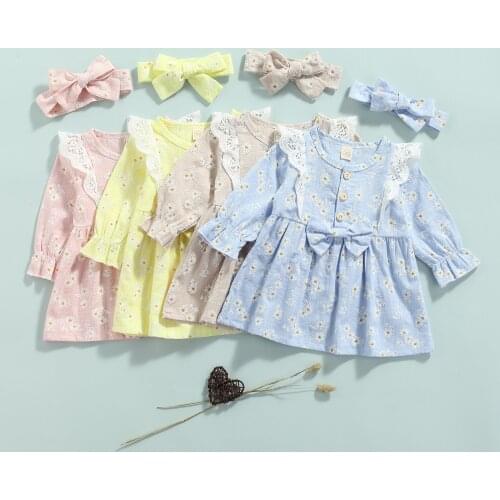 FOCUSNORM 4 Colors Autumn Baby Girls Sweet Dress Headband 2pcs Lace Flowers Printed Long Sleeve Bow A-Line Dress 0-3Y