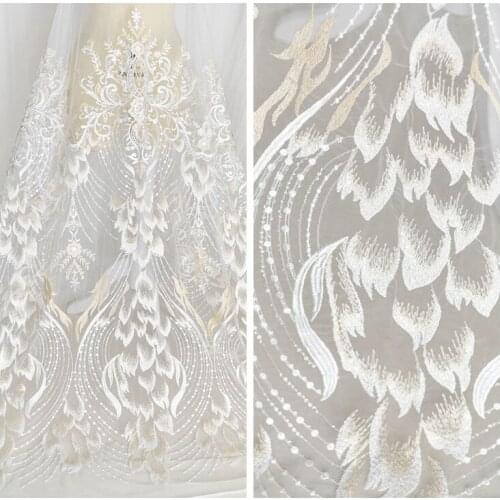 LASUI 3 yards=1lot Noble feather sequin embroidery mesh lace fabric wedding dress veil handmade diy decoration materials X0458