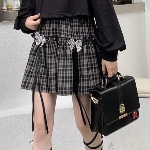 Lady Kawaii Harajuku Pleated Bow Skirts Y2k Lolita Plaid Girl Mini Skirt Ruffles Black White Gothic Midi Korean Fashion Colth