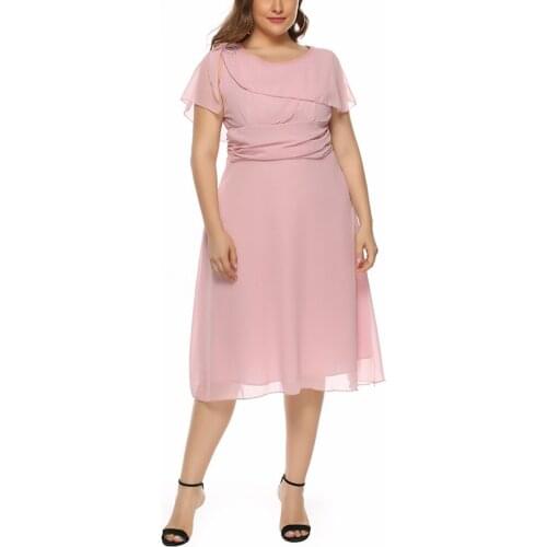 Summer Women Chiffon Dress Elegant O Neck Ruffles Short Sleeve Midi Dress Female Large Size Dress Solid Casual Loose Beach Dress