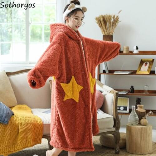 Sweet Flannel Fluffy Robes Women Winter Thermal Chic Hooded Mid-calf Bathrobes Female Plus Velvet Thicken Kawaii Casual Homewear